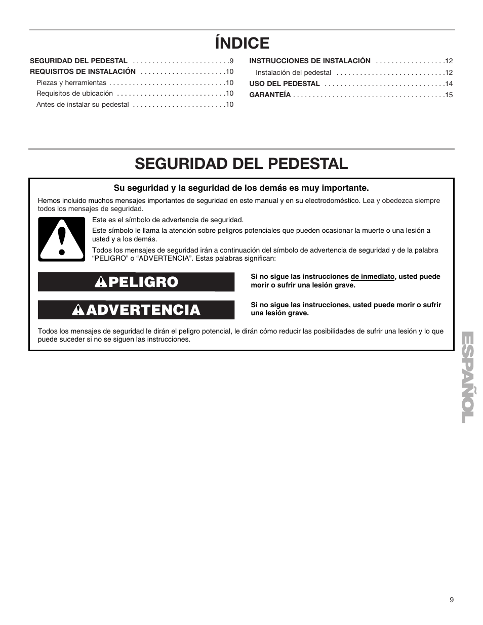 Seguridad del pedestal, Índice, Advertencia peligro | Whirlpool Washer/Dryer Pedestal User Manual | Page 9 / 24