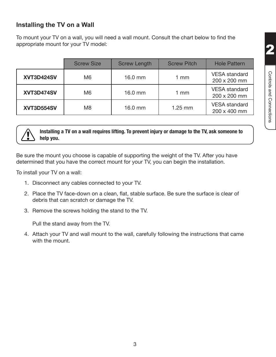Installing the tv on a wall | Whirlpool XVT3D424SV User Manual | Page 15 / 74