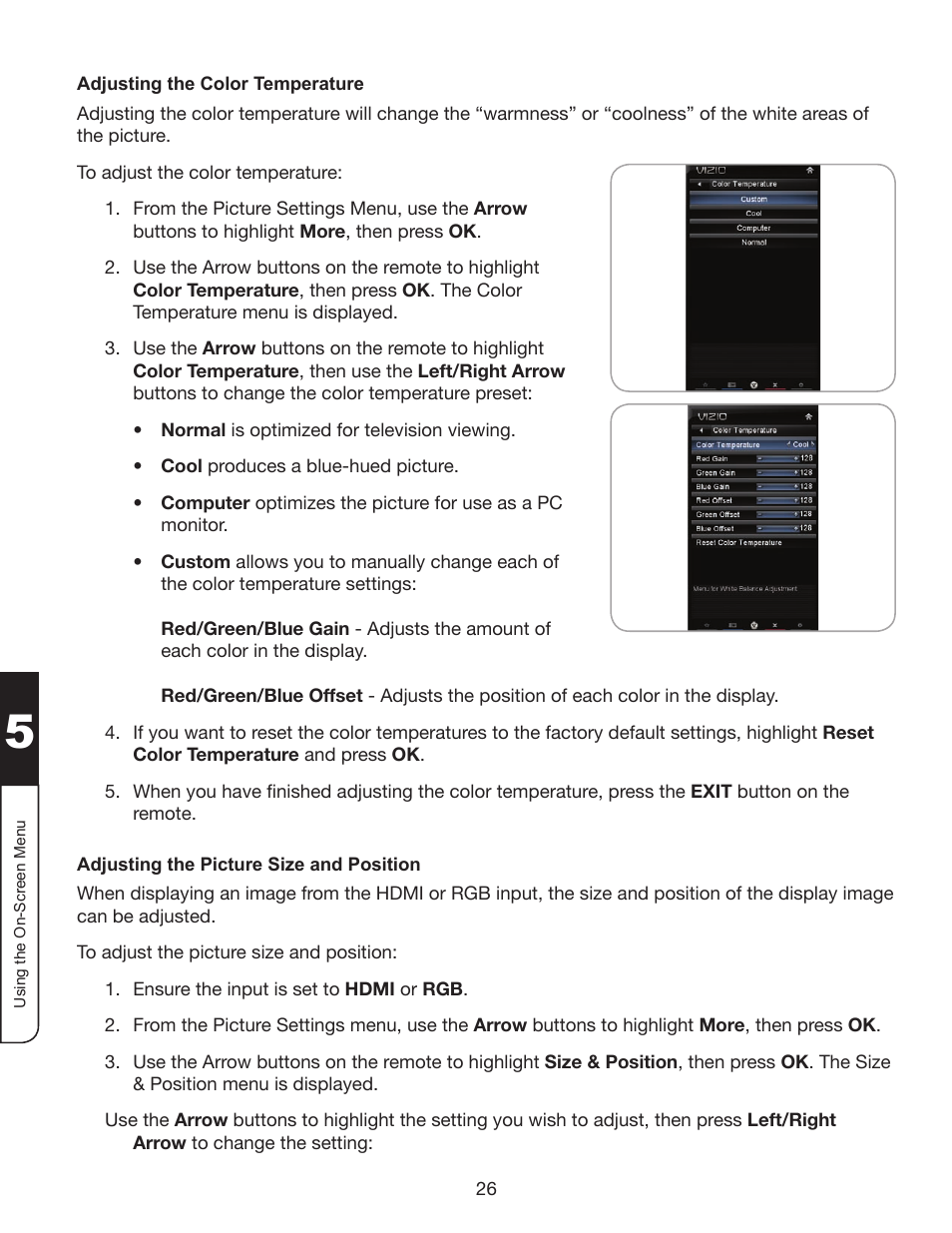 Adjusting the color temperature, Adjusting the picture size and position | Whirlpool XVT3D424SV User Manual | Page 38 / 74