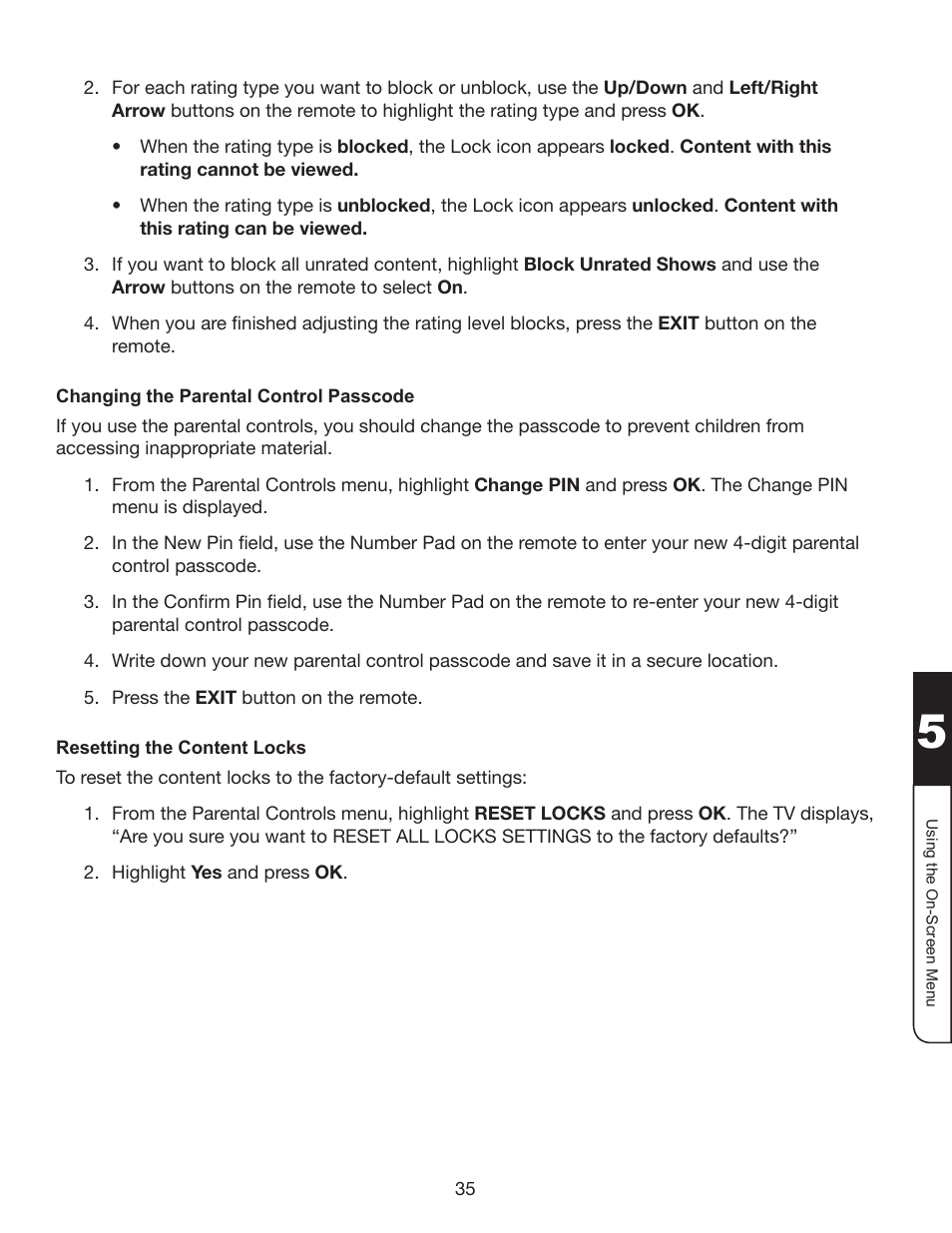 Changing the parental control passcode, Resetting the content locks | Whirlpool XVT3D424SV User Manual | Page 47 / 74