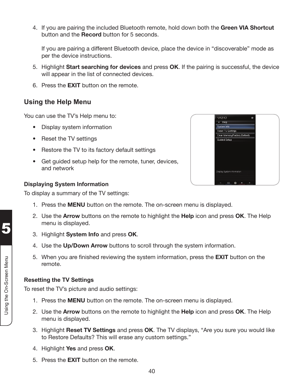 Using the help menu, Displaying system information, Resetting the tv settings | Whirlpool XVT3D424SV User Manual | Page 52 / 74