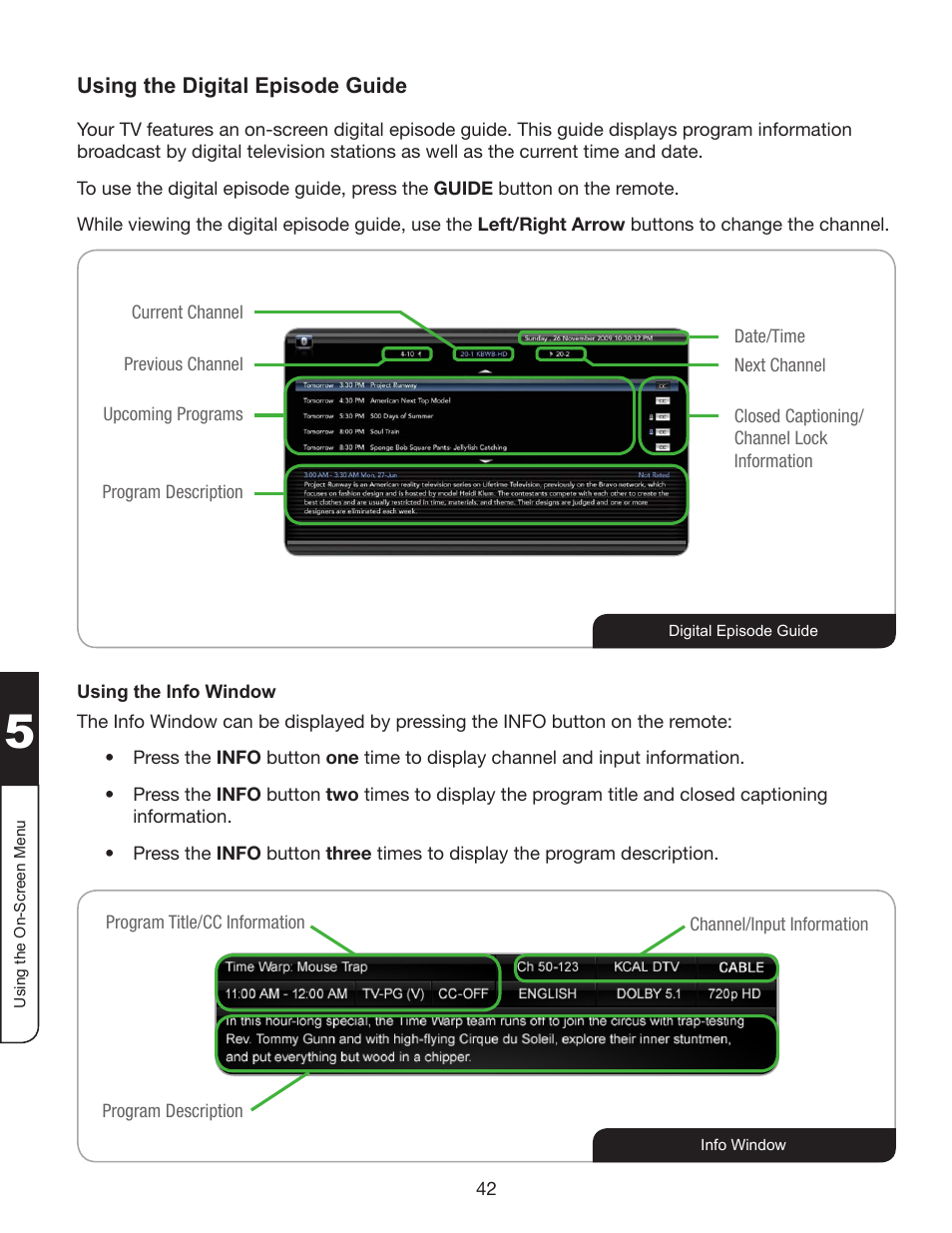 Using the digital episode guide, Using the info window, See using the digital | Whirlpool XVT3D424SV User Manual | Page 54 / 74