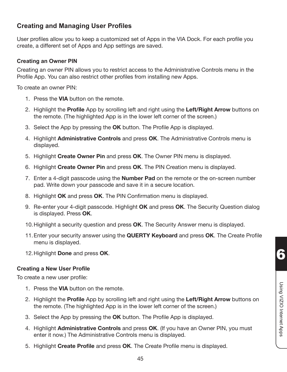 Creating and managing user profiles, Creating an owner pin, Creating a new user profile | Creating an owner pin creating a new user profile | Whirlpool XVT3D424SV User Manual | Page 57 / 74