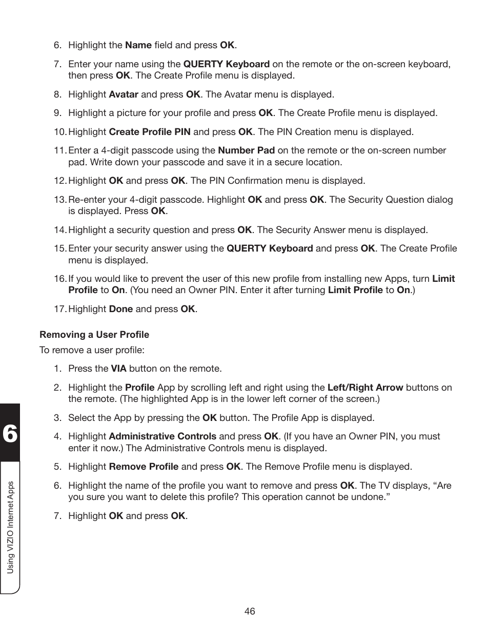 Removing a user profile | Whirlpool XVT3D424SV User Manual | Page 58 / 74