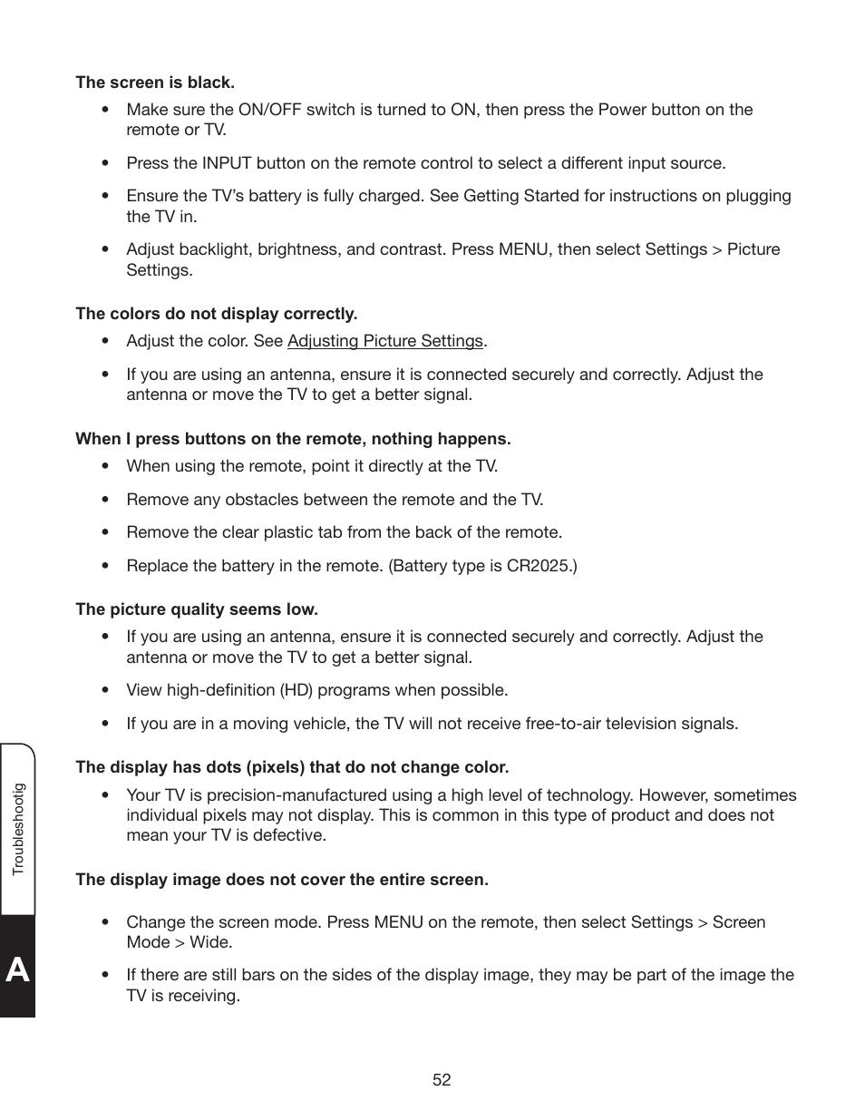 The screen is black, The colors do not display correctly, The picture quality seems low | The display image does not cover the entire screen | Whirlpool XVT3D424SV User Manual | Page 64 / 74
