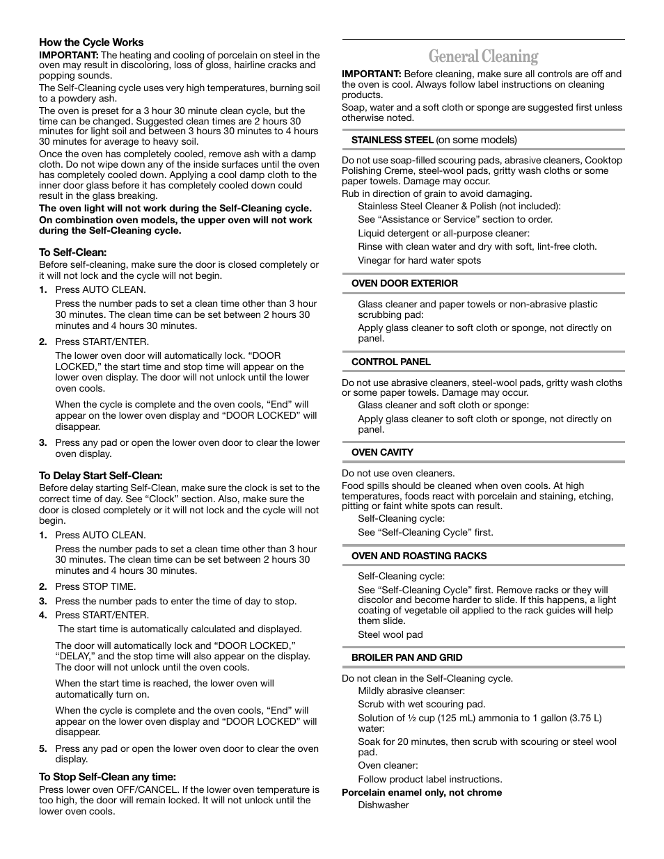 General cleaning | Whirlpool GSC278 YGSC278 User Manual | Page 13 / 16