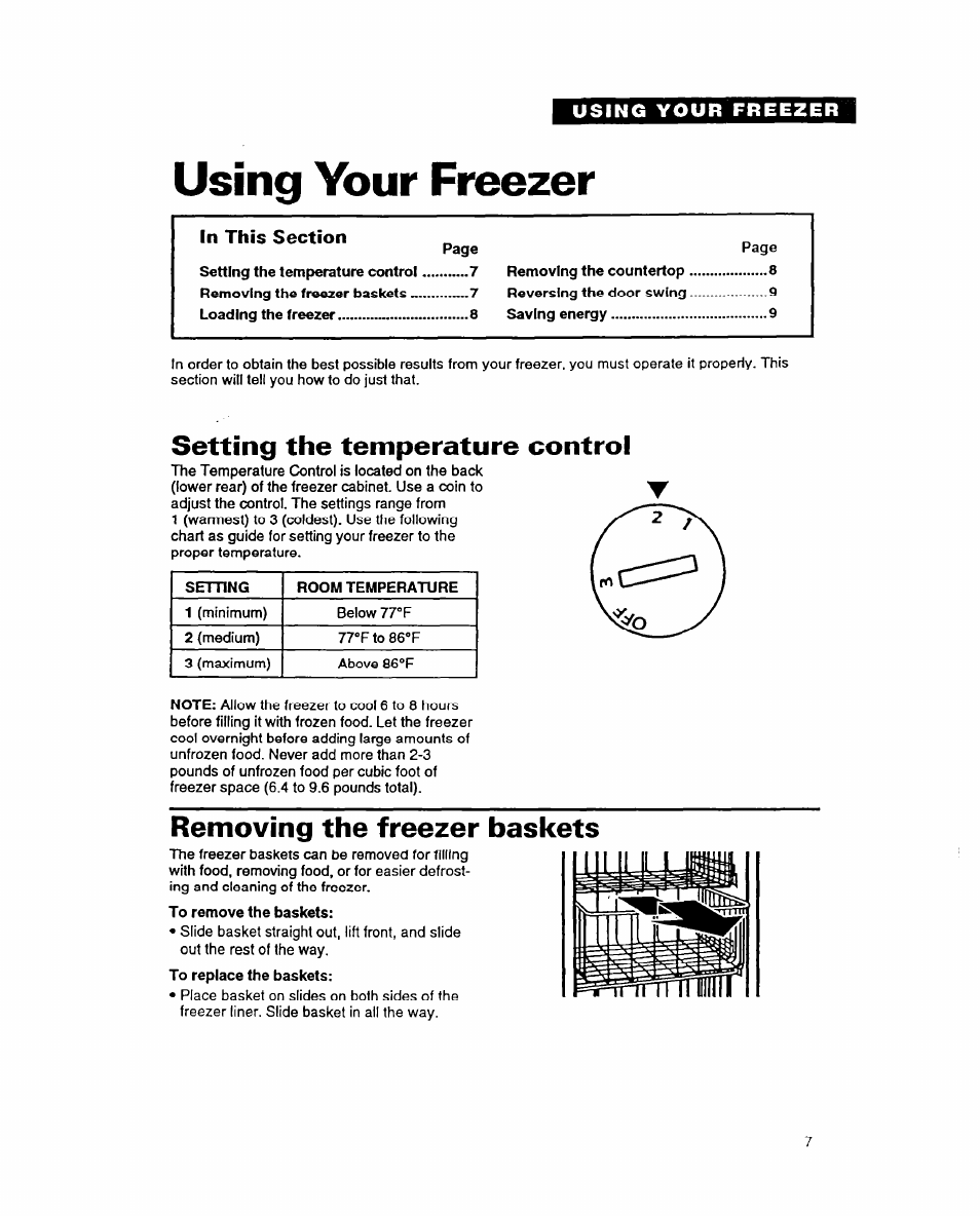 Using your freezer, Setting the temperature control, Removing the freezer baskets | Whirlpool COMPACT FREEZER User Manual | Page 7 / 14