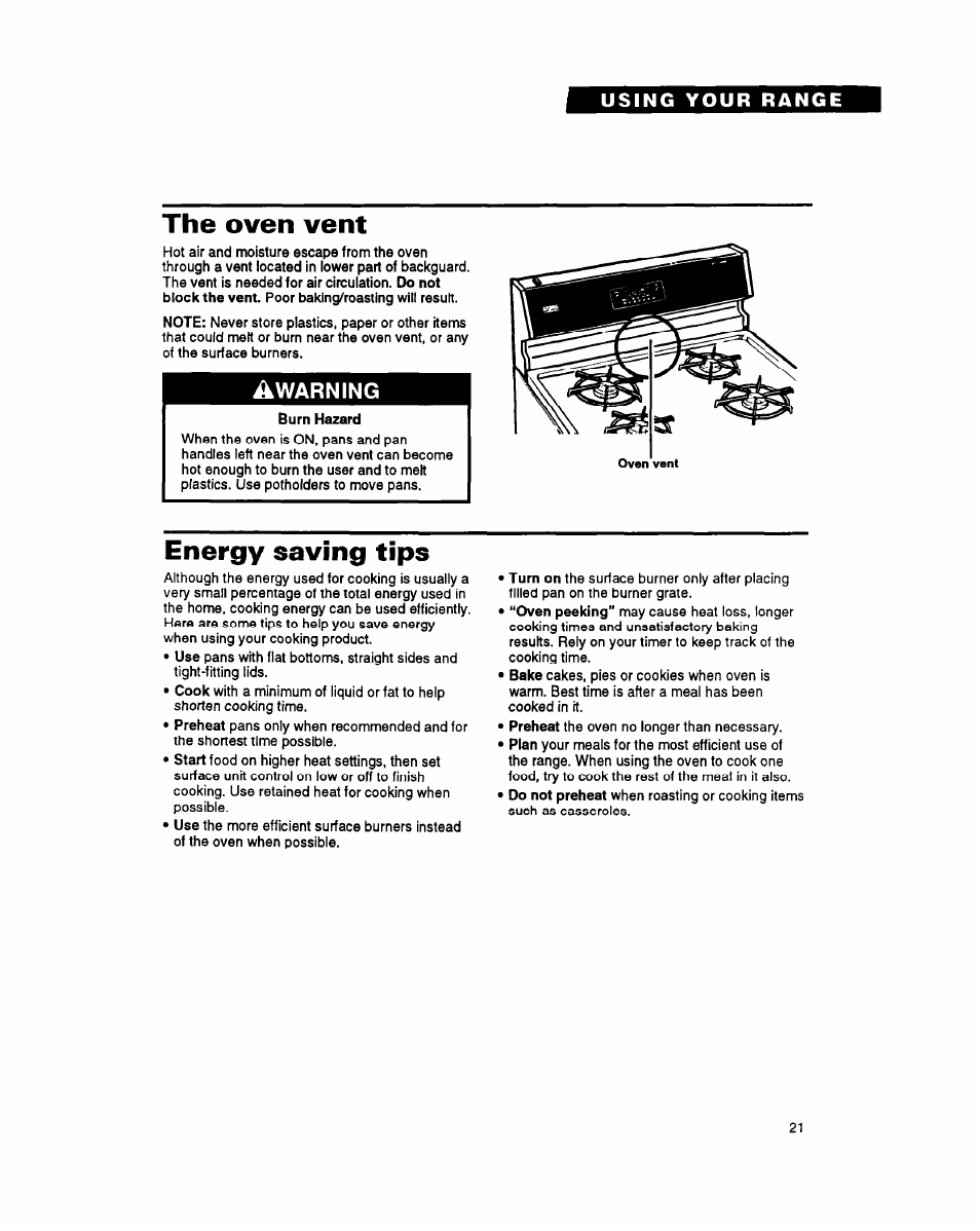 The oven vent, Energy saving tips, Warning | Whirlpool FGS395Y User Manual | Page 21 / 36