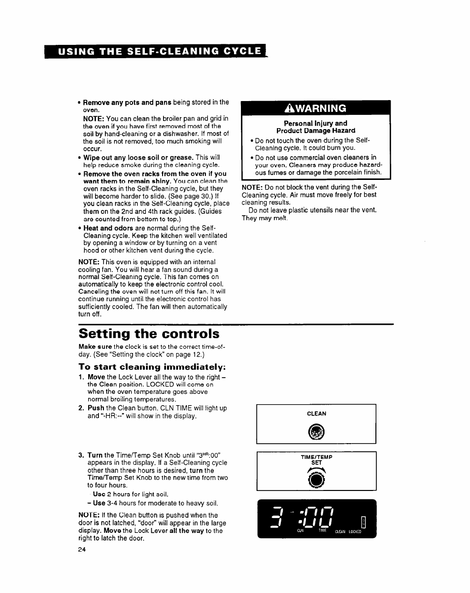 Setting the controls, To start cleaning immediately, Warning | Whirlpool FGS395Y User Manual | Page 24 / 36