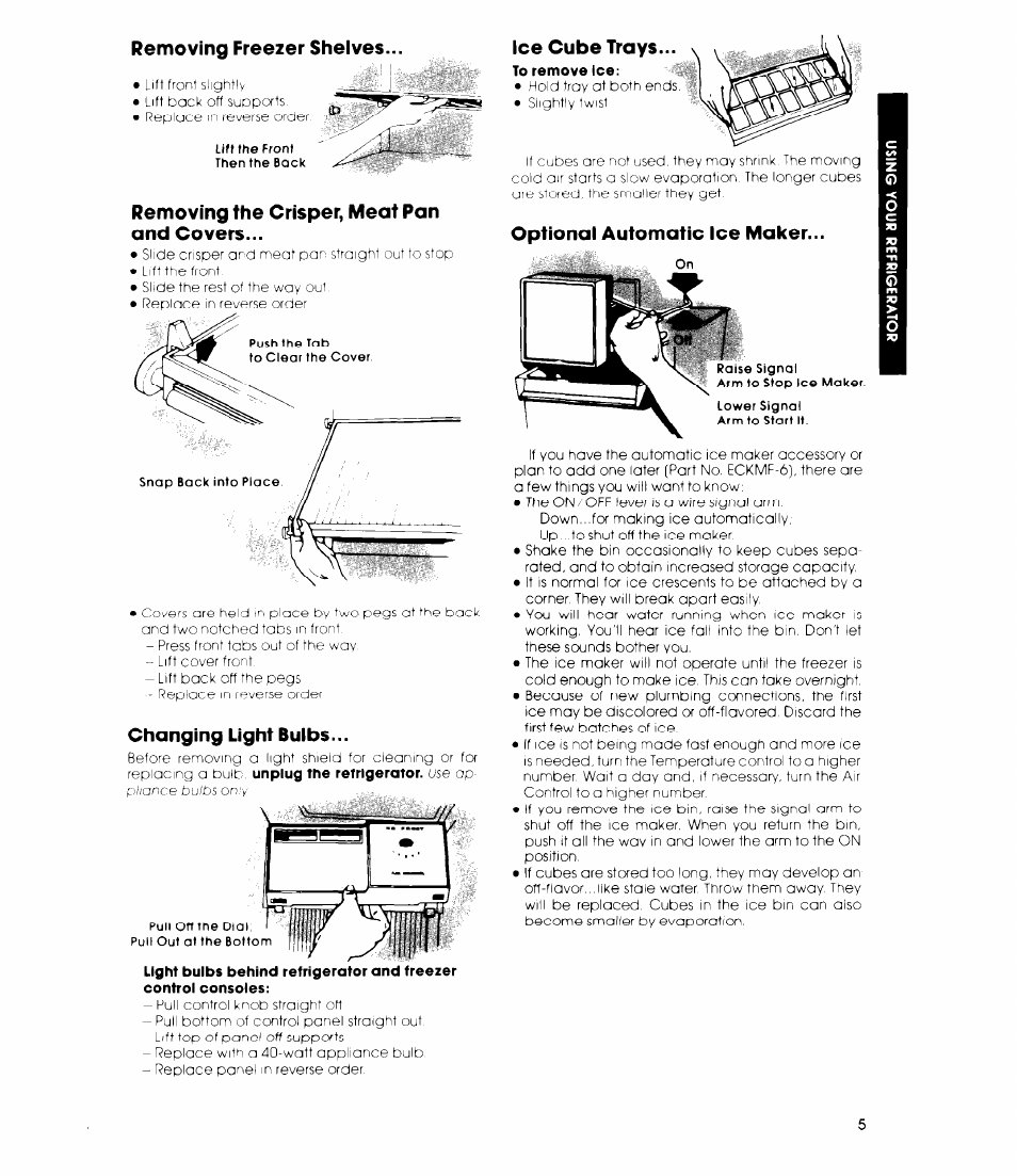 Removing freezer shelves, Removing the crisper, meat pan and covers, Changing light bulbs | Optional automatic ice maker, Ice cube trays | Whirlpool ED19TK User Manual | Page 5 / 12