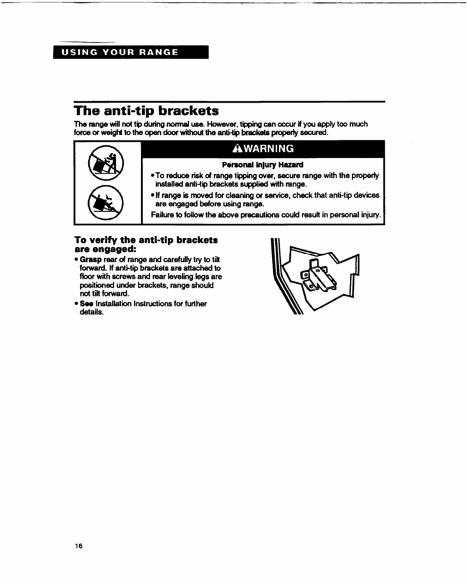 The anti-tip brackets, To verify the anti-tip brackets are engaged | Whirlpool FGP315B User Manual | Page 16 / 27