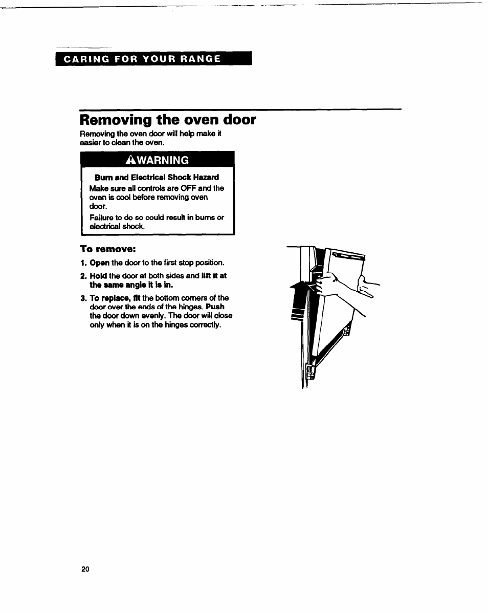 Removing the oven door | Whirlpool FGP315B User Manual | Page 20 / 27