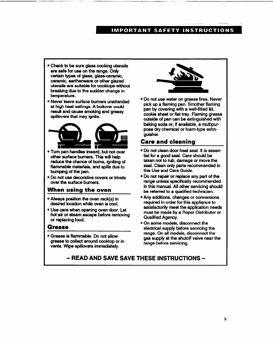 When using the oven, Grease, Care and cleaning | Read and save save these instructions | Whirlpool FGP315B User Manual | Page 5 / 27