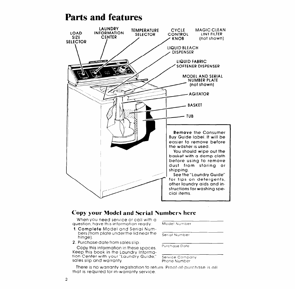 Parts and features, Copy your model and serial numbers here | Whirlpool GLA7900XM User Manual | Page 2 / 12