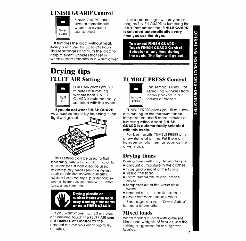 Drying tips, Finish guard* control, Fluff air setting | Tumble press control, Drying times, Mixed loads | Whirlpool LE9800XM User Manual | Page 7 / 12