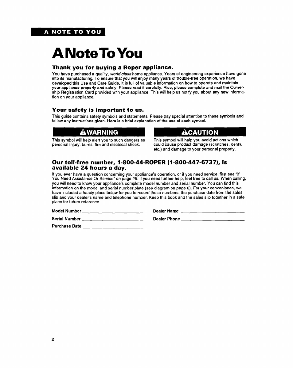A note to you, Thank you for buying a roper appliance, Your safety is important to us | Whirlpool FEP340Y User Manual | Page 2 / 28