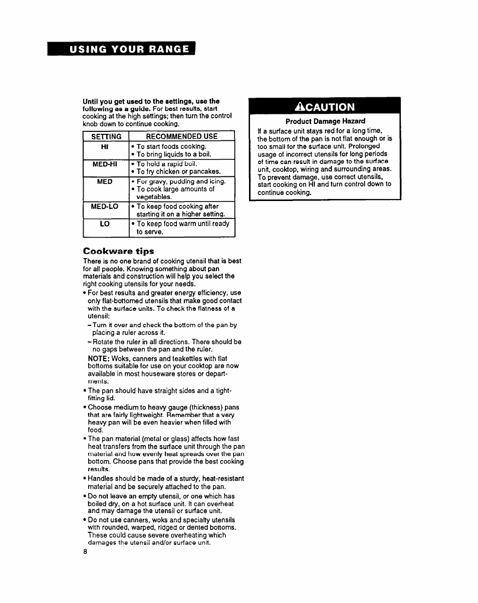Cookware tips, Caution | Whirlpool FEP340Y User Manual | Page 8 / 28