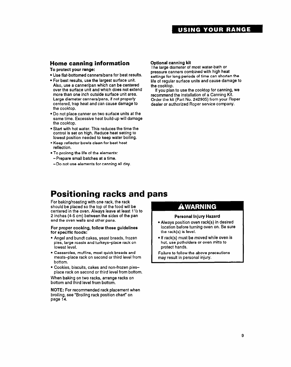 Home canning information, Positioning racks and pans, Warning | Whirlpool FEP340Y User Manual | Page 9 / 28
