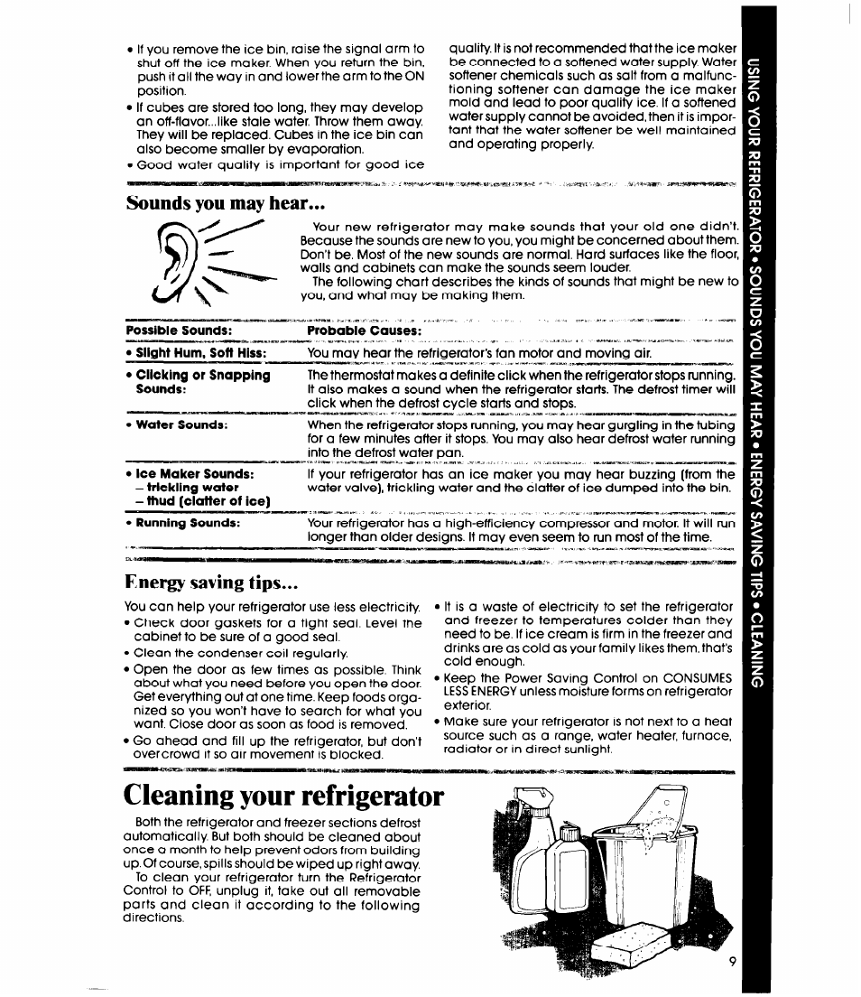 Sounds you may hear, Possible sounds, Probable causes | Water sounds, Ice maker sounds, Energy saving tips, Cleaning your refrigerator, Sounds you may hear energy saving tips | Whirlpool ET22DK User Manual | Page 9 / 20
