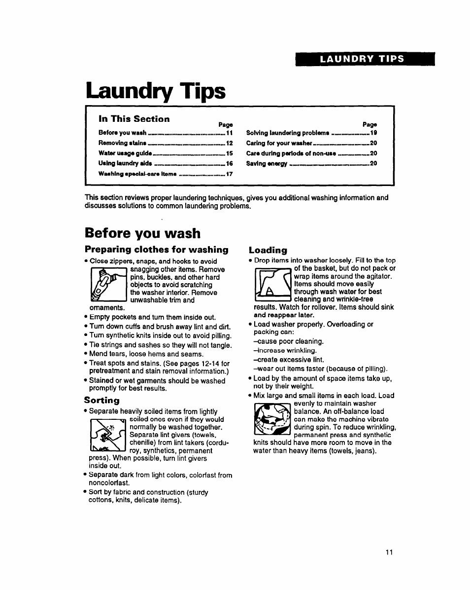 Laundry tips, Before you wash, Preparing clothes for washing | Sorting, Loading | Whirlpool RAM5243A User Manual | Page 11 / 23
