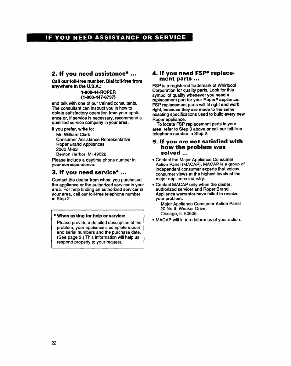 If you need assistance, If you need service, If you need fsp* replacement parts | If you need fsp* replace­ ment parts | Whirlpool RAM5243A User Manual | Page 22 / 23