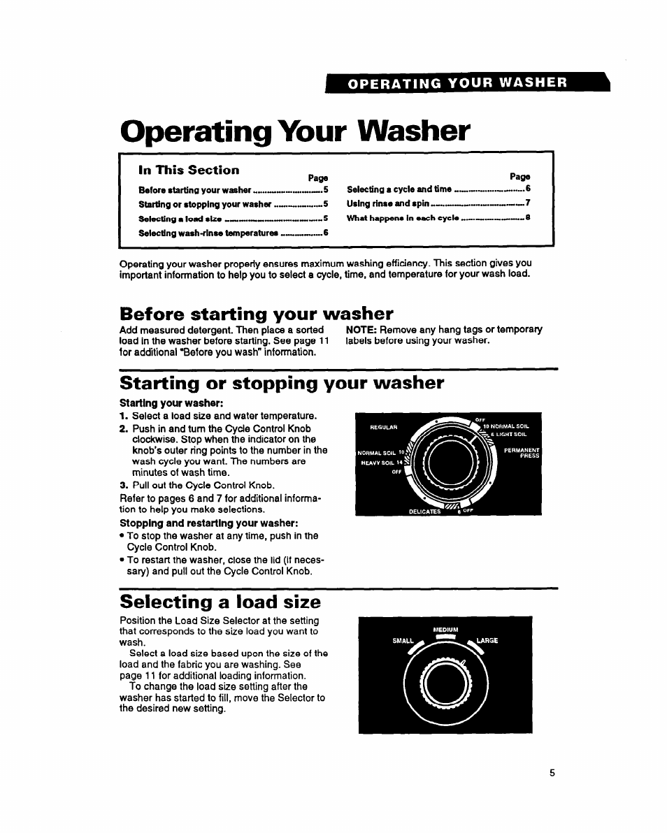 Operating vbur washer, Before starting your washer, Starting or stopping your washer | Selecting a load size | Whirlpool RAM5243A User Manual | Page 5 / 23