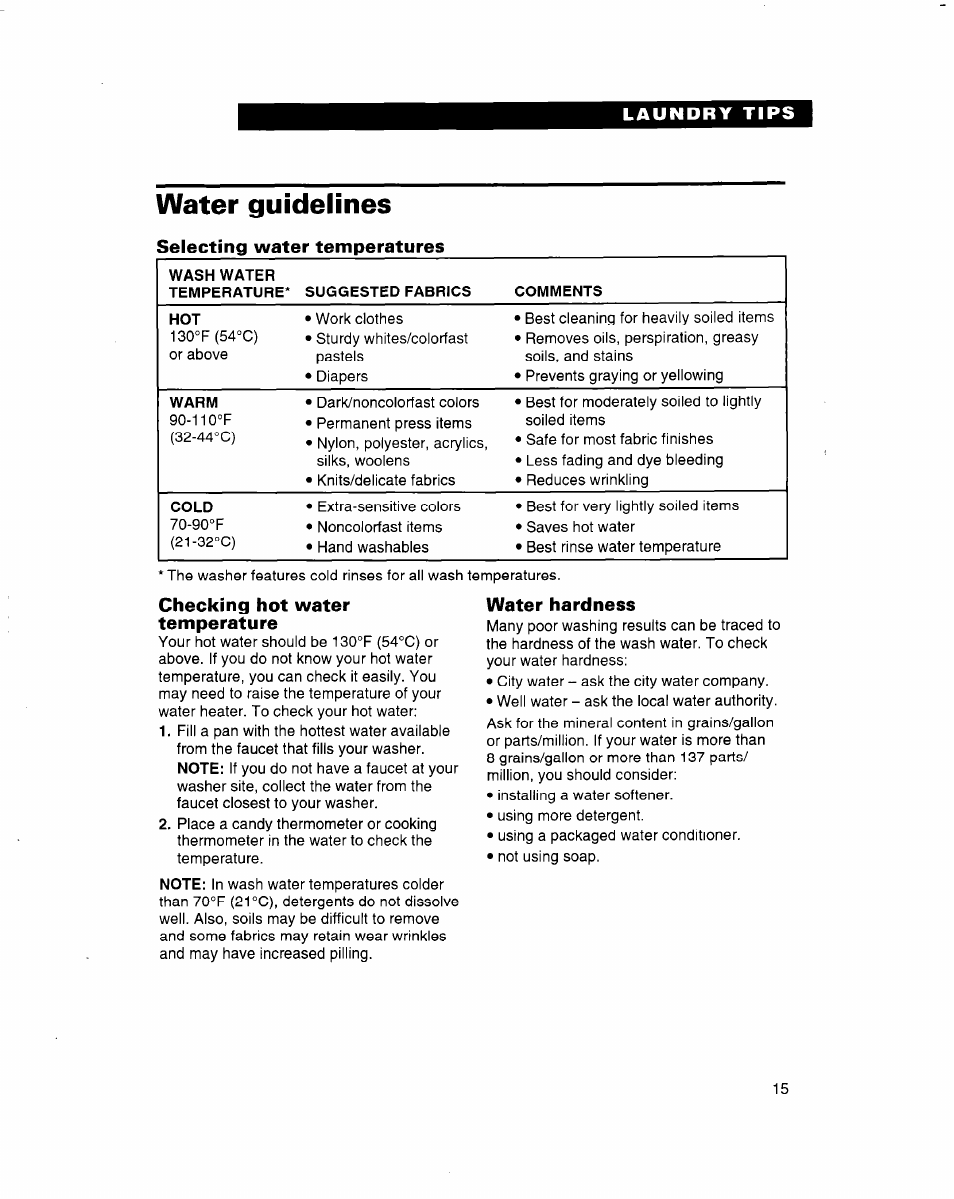 Water guidelines, Selecting water temperatures, Checking hot water temperature | Water hardness | Whirlpool 3363560 User Manual | Page 15 / 23