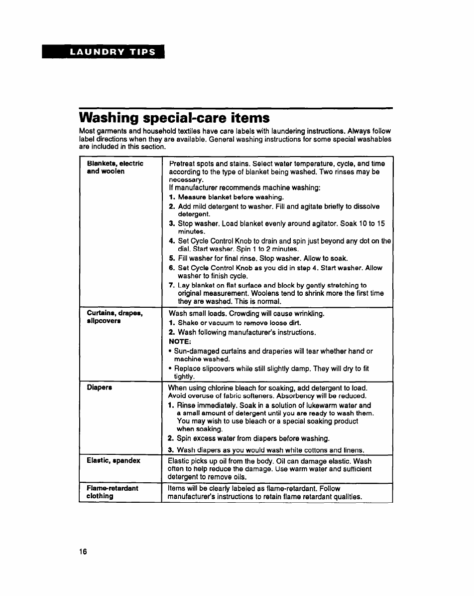 Washing special-care items | Whirlpool RAM4131A User Manual | Page 16 / 24
