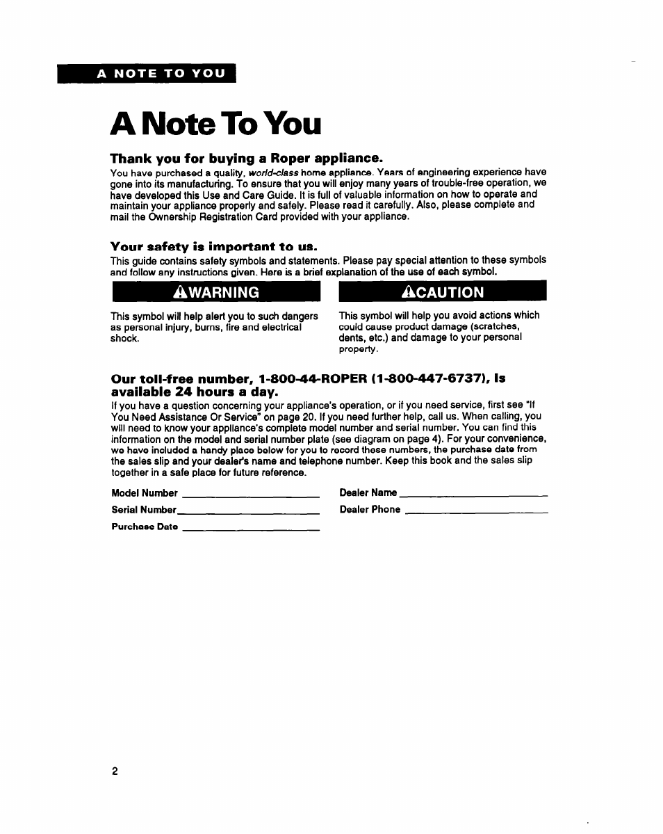 Aimotetoyou, Thank you for buying a roper appliance, Your safety is important to us | Whirlpool RAM4131A User Manual | Page 2 / 24