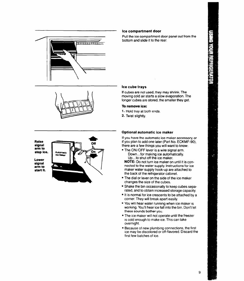 Ice compartment door, Ice cube trays, To remove ice | Ice compartment door ice cube trays | Whirlpool Ell8DK User Manual | Page 9 / 16