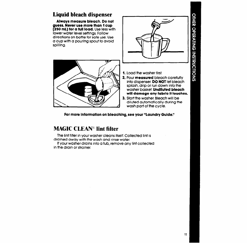 Liquid bleach dispenser, Magic clean® lint filter | Whirlpool LA6058XS User Manual | Page 11 / 16