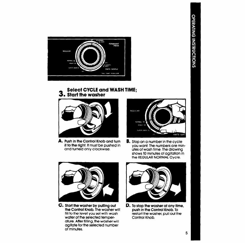 Select cycle and wash time, O. start the washer | Whirlpool LA6058XS User Manual | Page 5 / 16