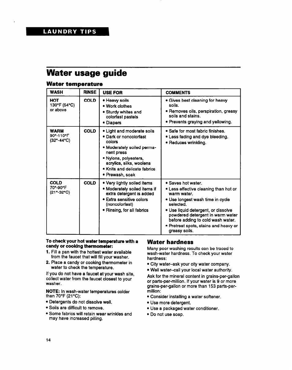 Water usage guide, Water temperature, Water hardness | Water uaage guide | Whirlpool LMR4132B User Manual | Page 14 / 22