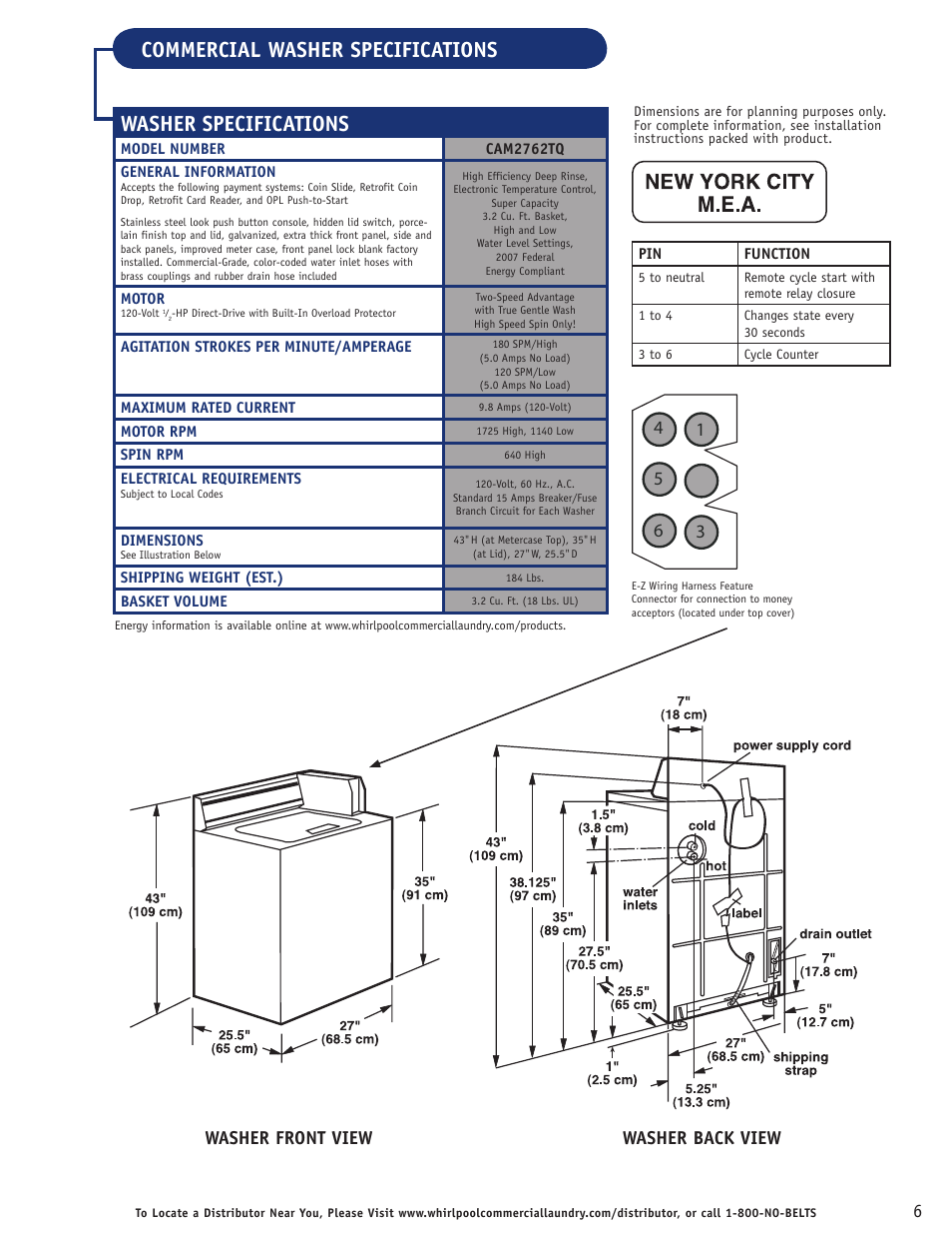Washer specifications, Commercial washer specifications, Washer front view washer back view | Whirlpool CAM2762TQ User Manual | Page 7 / 12