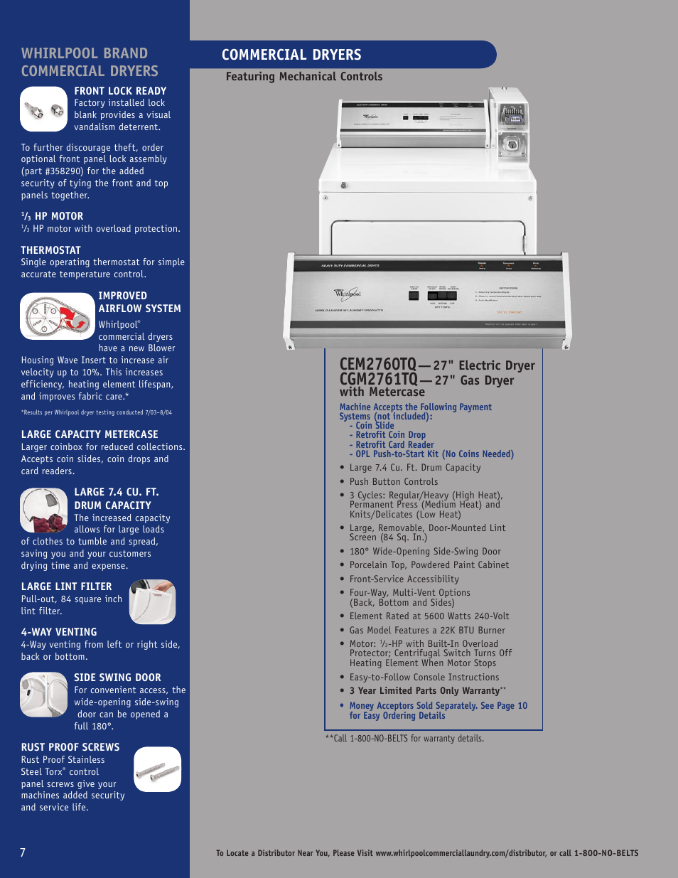 Cem2760tq, Cgm2761tq, Whirlpool brand commercial dryers | Commercial dryers, 27" electric dryer, 27" gas dryer with metercase | Whirlpool CAM2762TQ User Manual | Page 8 / 12
