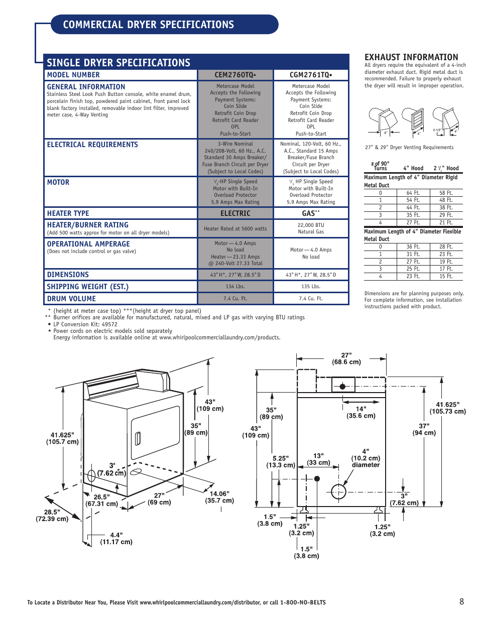Single dryer specifications, Commercial dryer specifications, Exhaust information | Whirlpool CAM2762TQ User Manual | Page 9 / 12