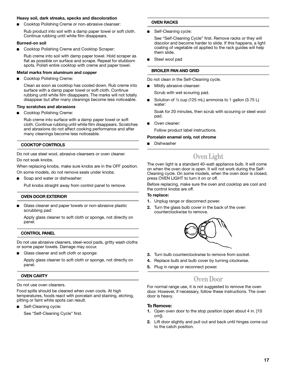 Oven light, Oven door | Whirlpool GR450LXH User Manual | Page 17 / 20