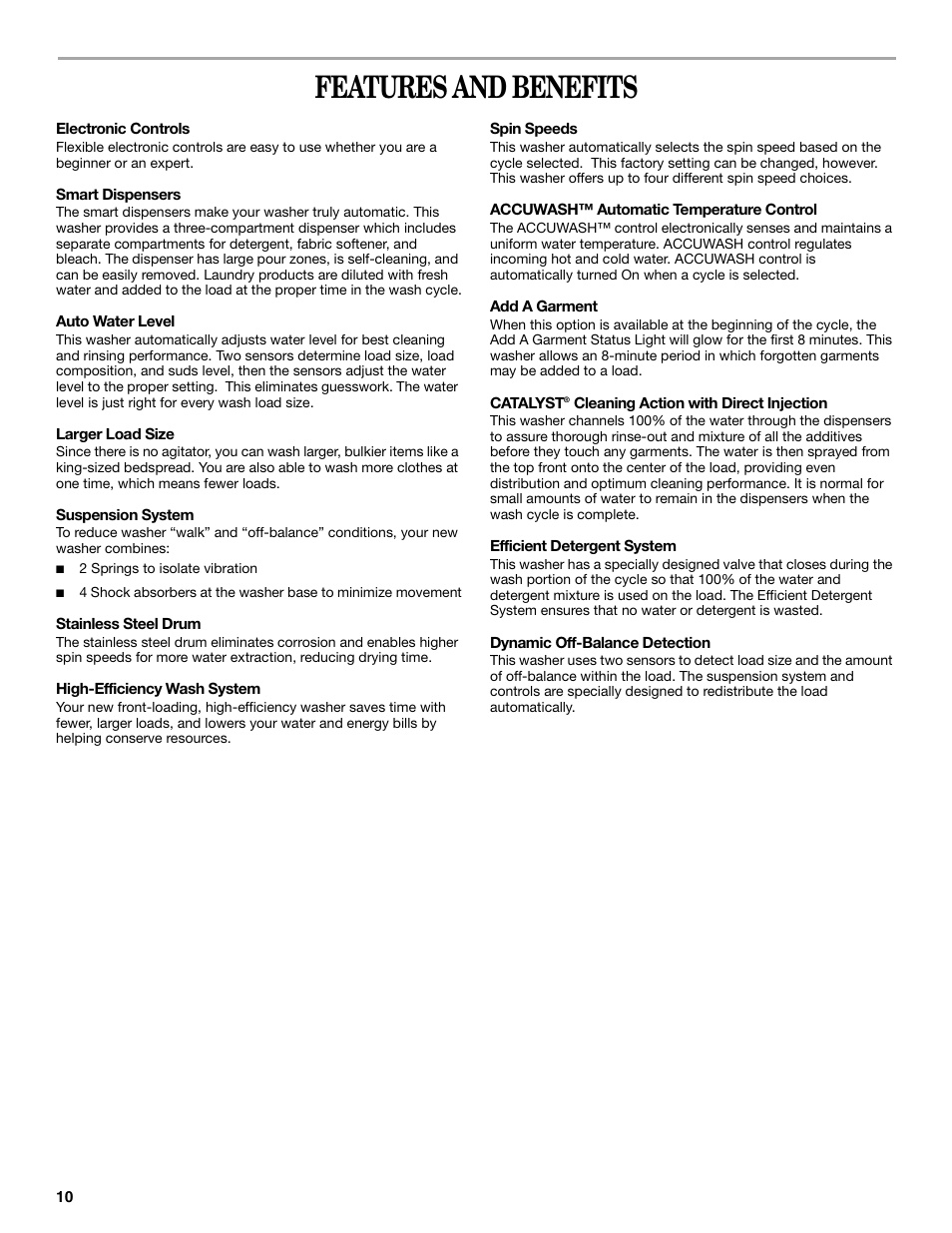 Features and benefits | Whirlpool 8182674 User Manual | Page 10 / 68