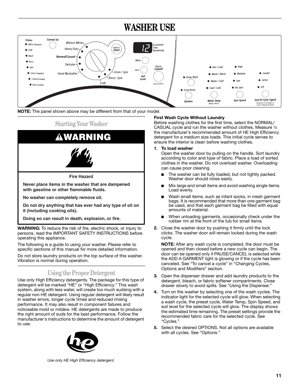 Washer use, Warning, Starting your washer | Using the proper detergent | Whirlpool 8182674 User Manual | Page 11 / 68