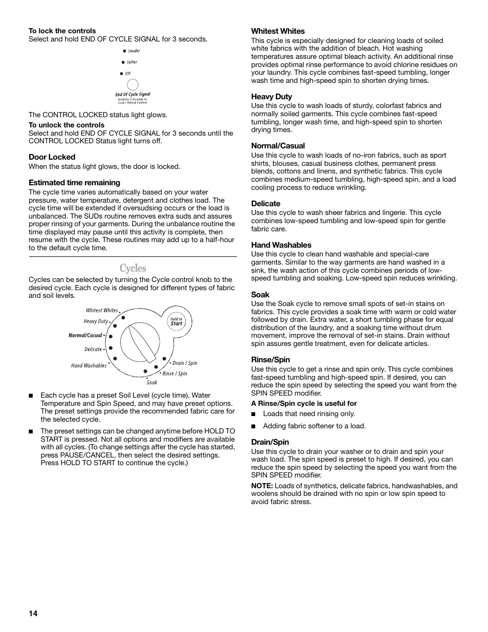 Cycles | Whirlpool 8182674 User Manual | Page 14 / 68