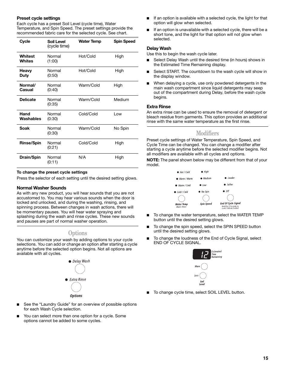 Options, Modifiers | Whirlpool 8182674 User Manual | Page 15 / 68