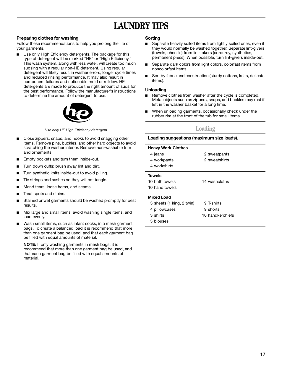 Laundry tips, Loading | Whirlpool 8182674 User Manual | Page 17 / 68