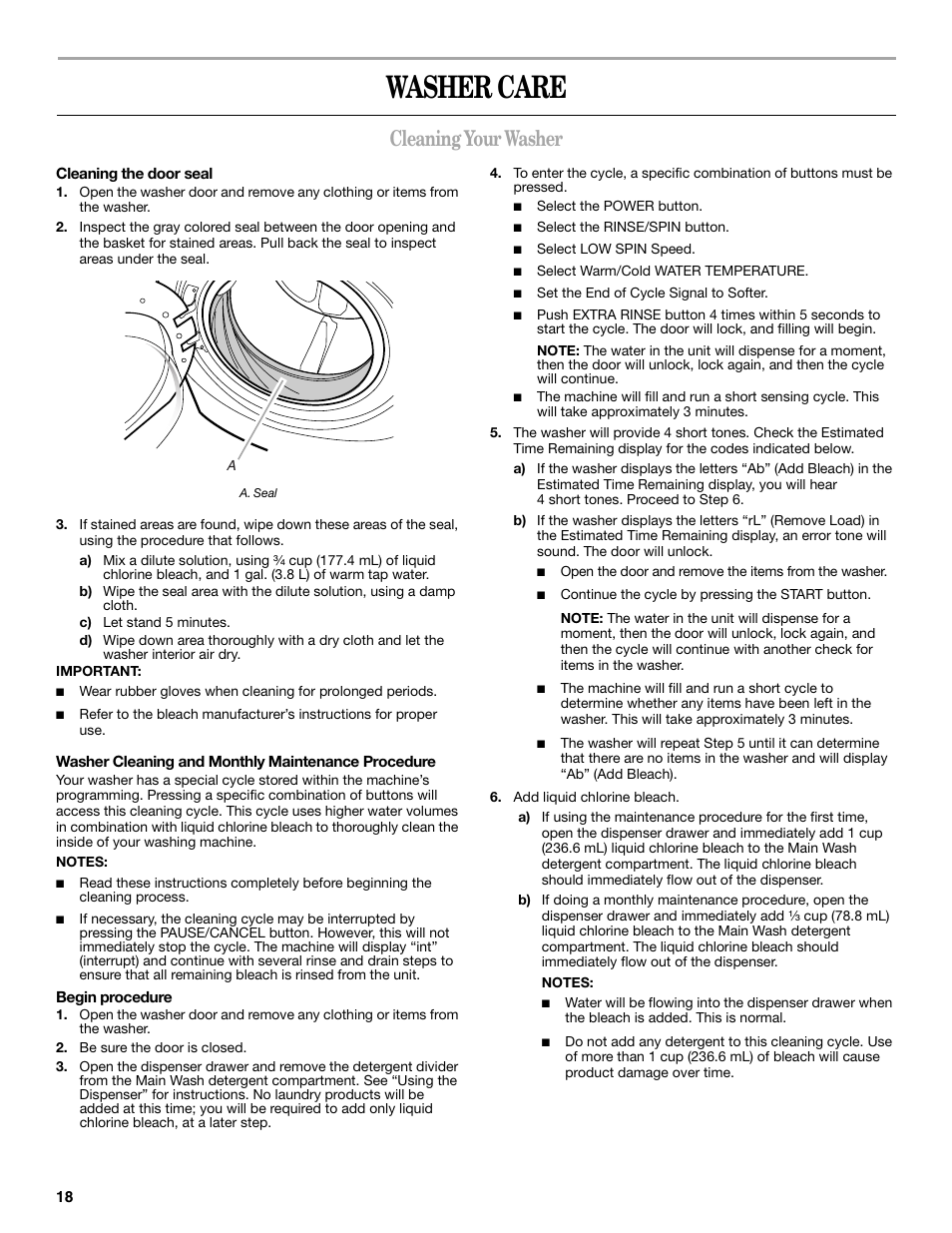 Washer care, Cleaning your washer | Whirlpool 8182674 User Manual | Page 18 / 68