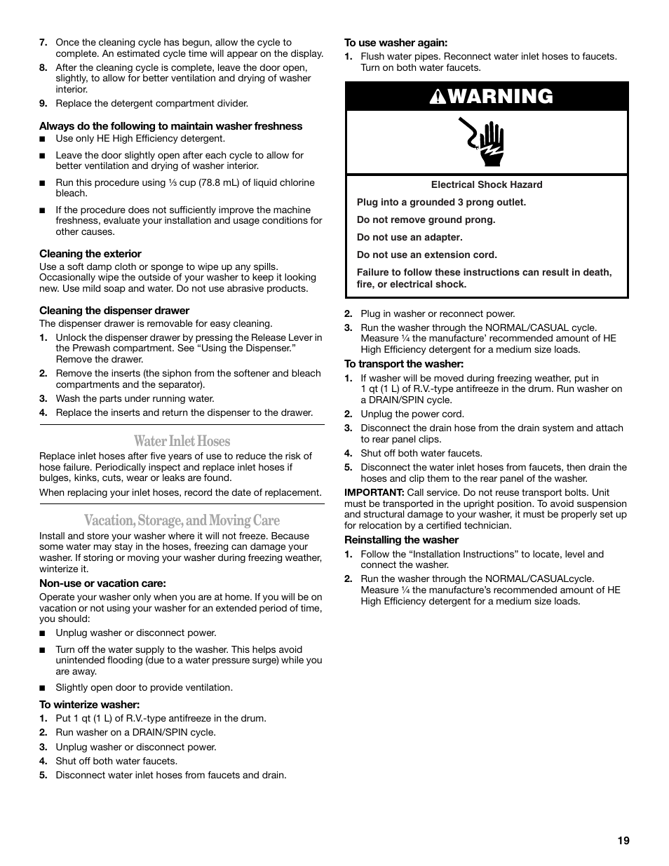 Warning, Water inlet hoses, Vacation, storage, and moving care | Whirlpool 8182674 User Manual | Page 19 / 68