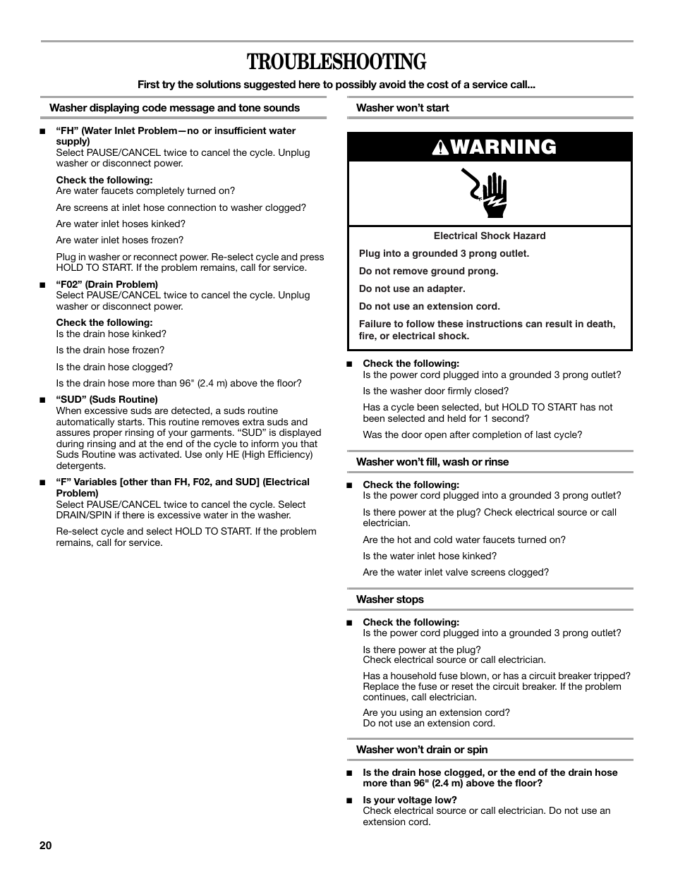 Troubleshooting, Warning | Whirlpool 8182674 User Manual | Page 20 / 68