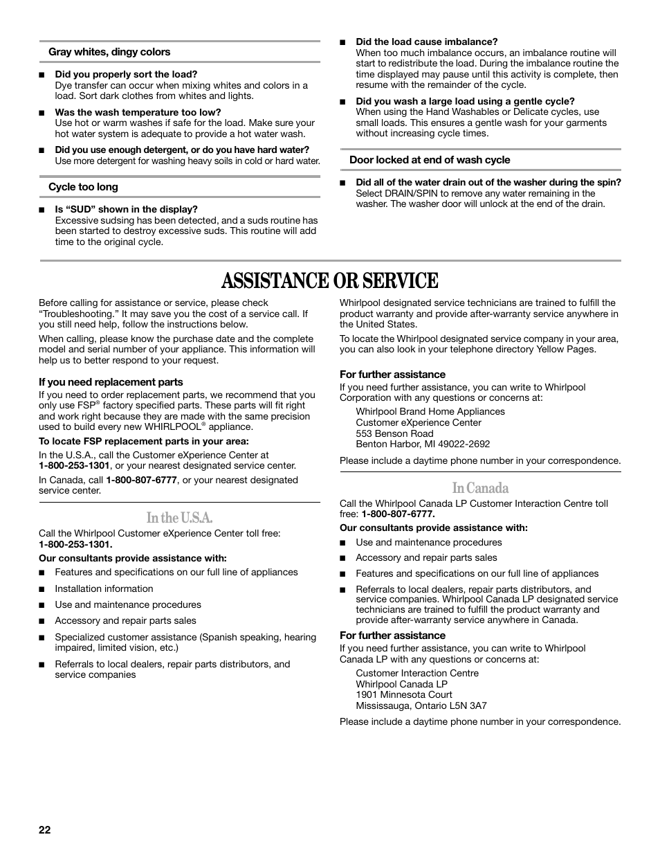 Assistance or service | Whirlpool 8182674 User Manual | Page 22 / 68
