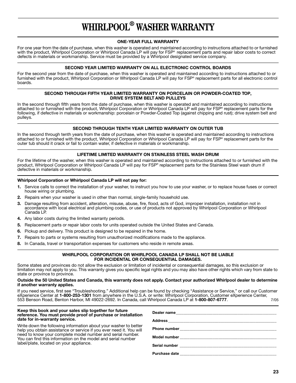 Whirlpool, Washer warranty | Whirlpool 8182674 User Manual | Page 23 / 68