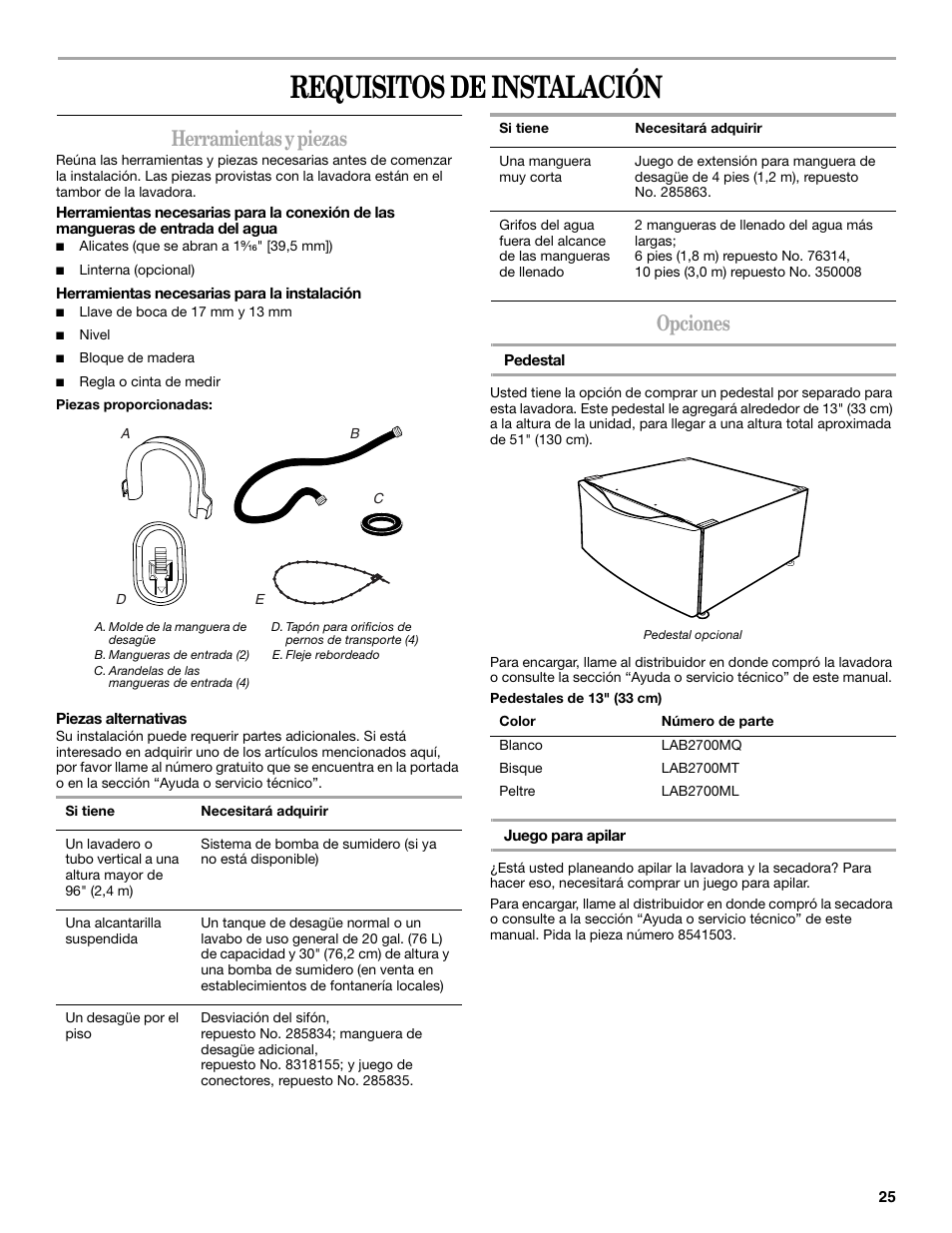 Requisitos de instalación, Herramientas y piezas, Opciones | Whirlpool 8182674 User Manual | Page 25 / 68