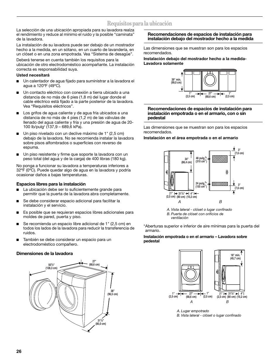 Requisitos para la ubicación, Espacios libres para la instalación | Whirlpool 8182674 User Manual | Page 26 / 68