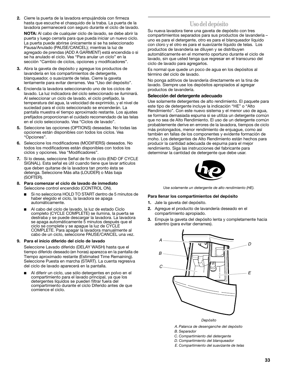 Uso del depósito | Whirlpool 8182674 User Manual | Page 33 / 68